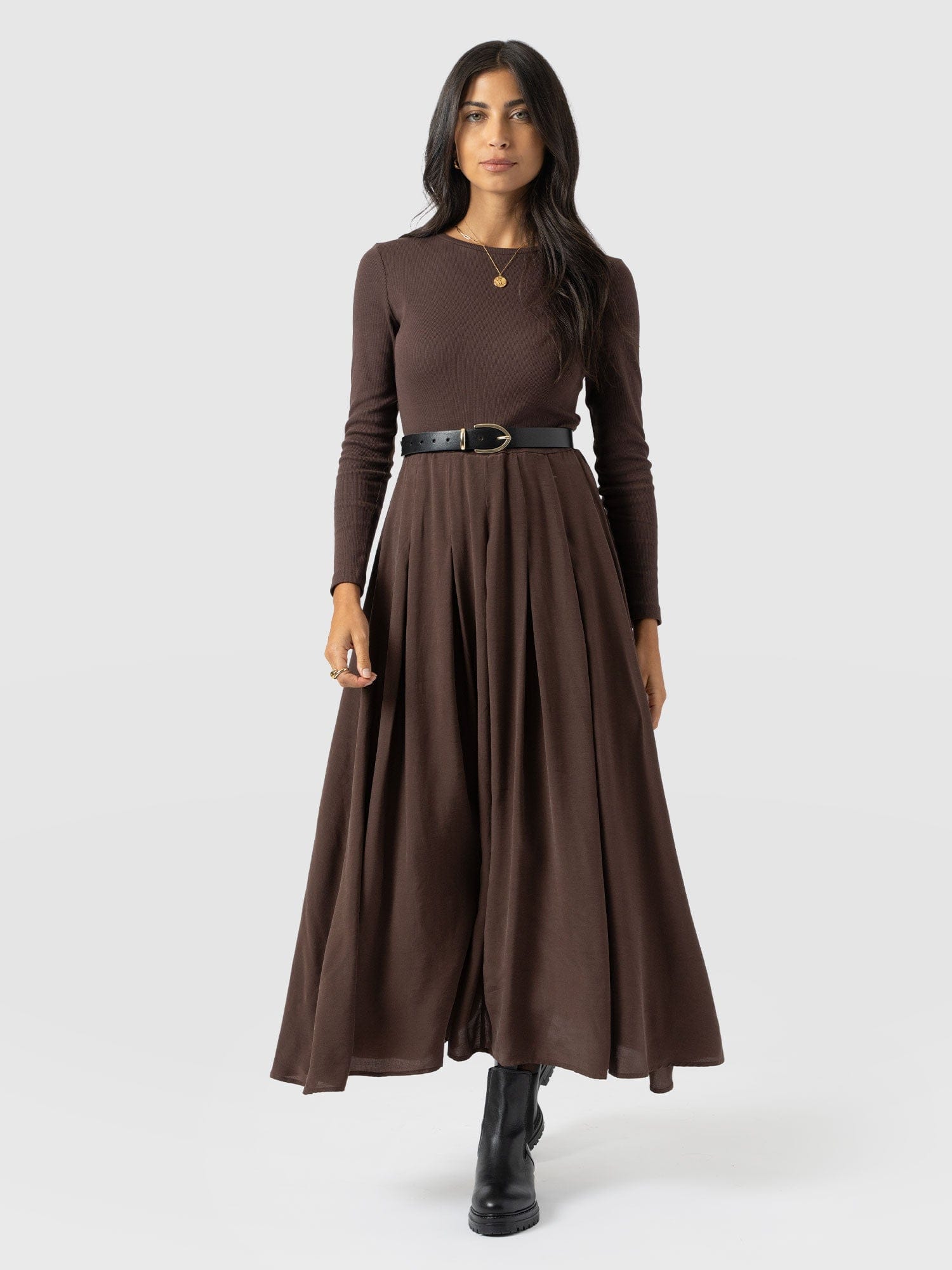 Renee Contrast Long Sleeve Dress - Brown